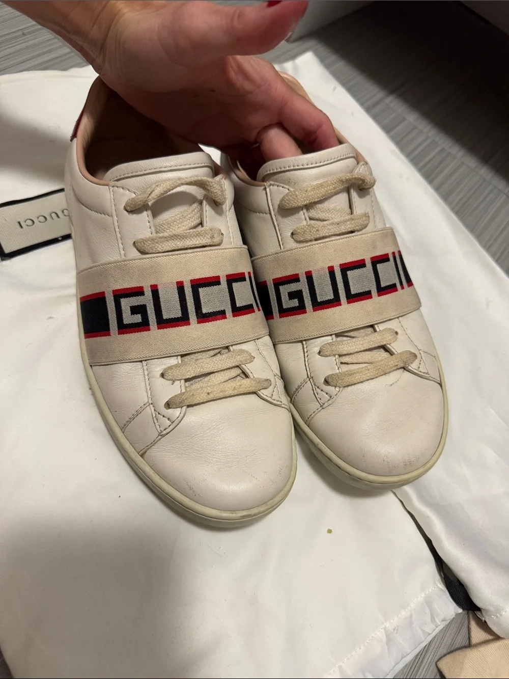 Gucci White Leather Sneakers with Red and Black Web Strap